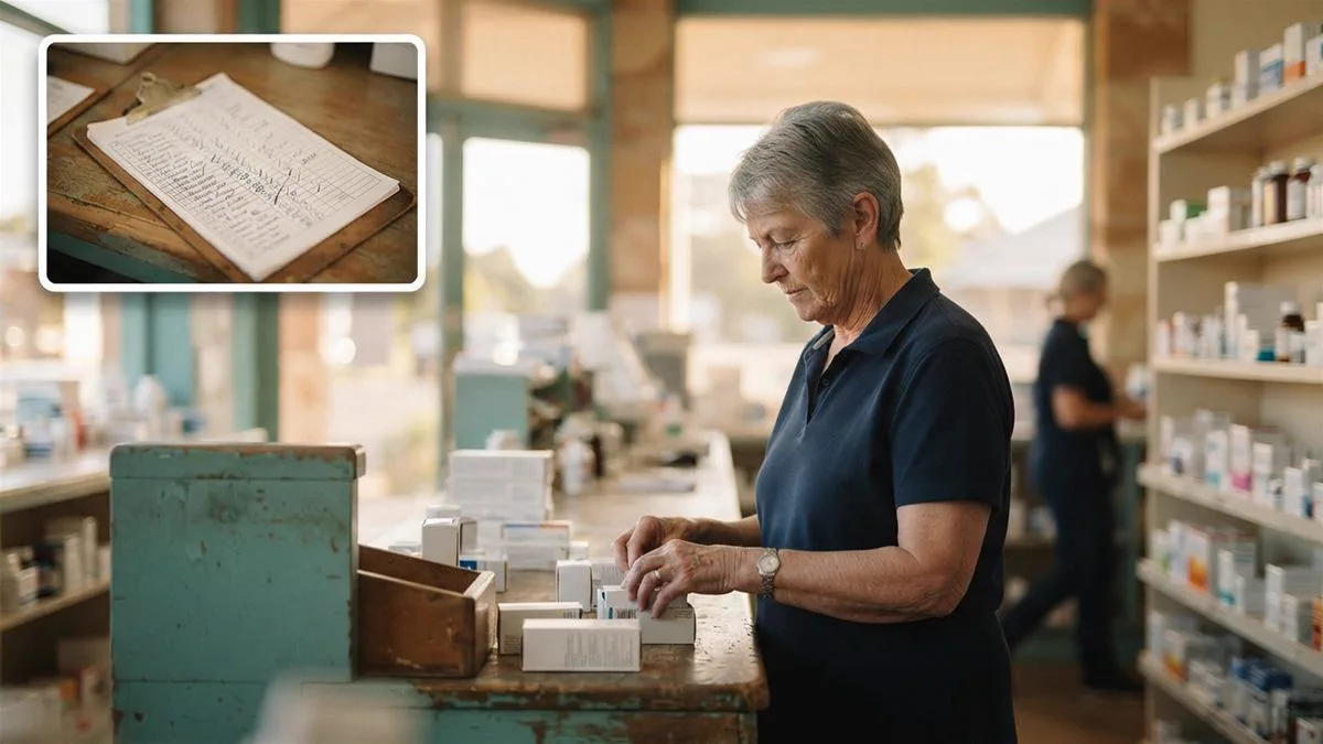 An older pharmacy assistant at work behind a counter